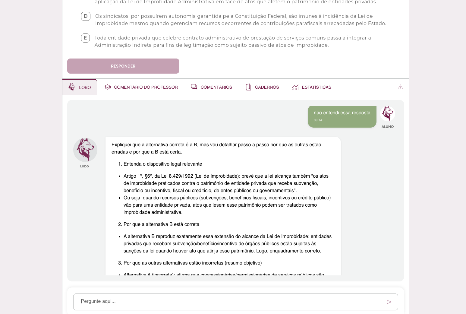 Interface da plataforma com inteligência artificial respondendo a dúvida de um aluno