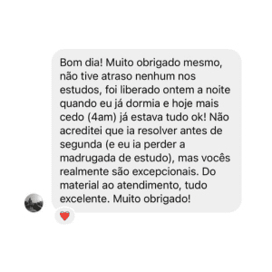 Depoimento de aluno sobre suporte e materiais do curso