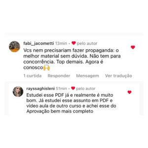 Comentários de alunas elogiando o material do Aprovação PGE
